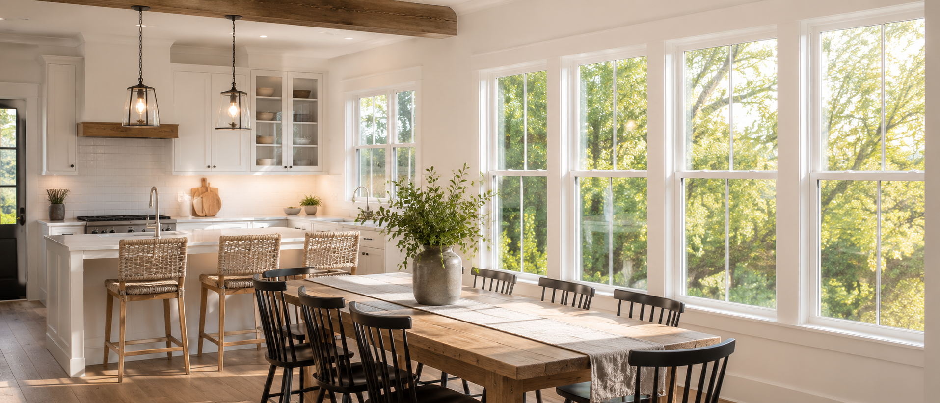 Farmhouse kitchen and dining room with a wall of new white double-hung windows full of sunlight